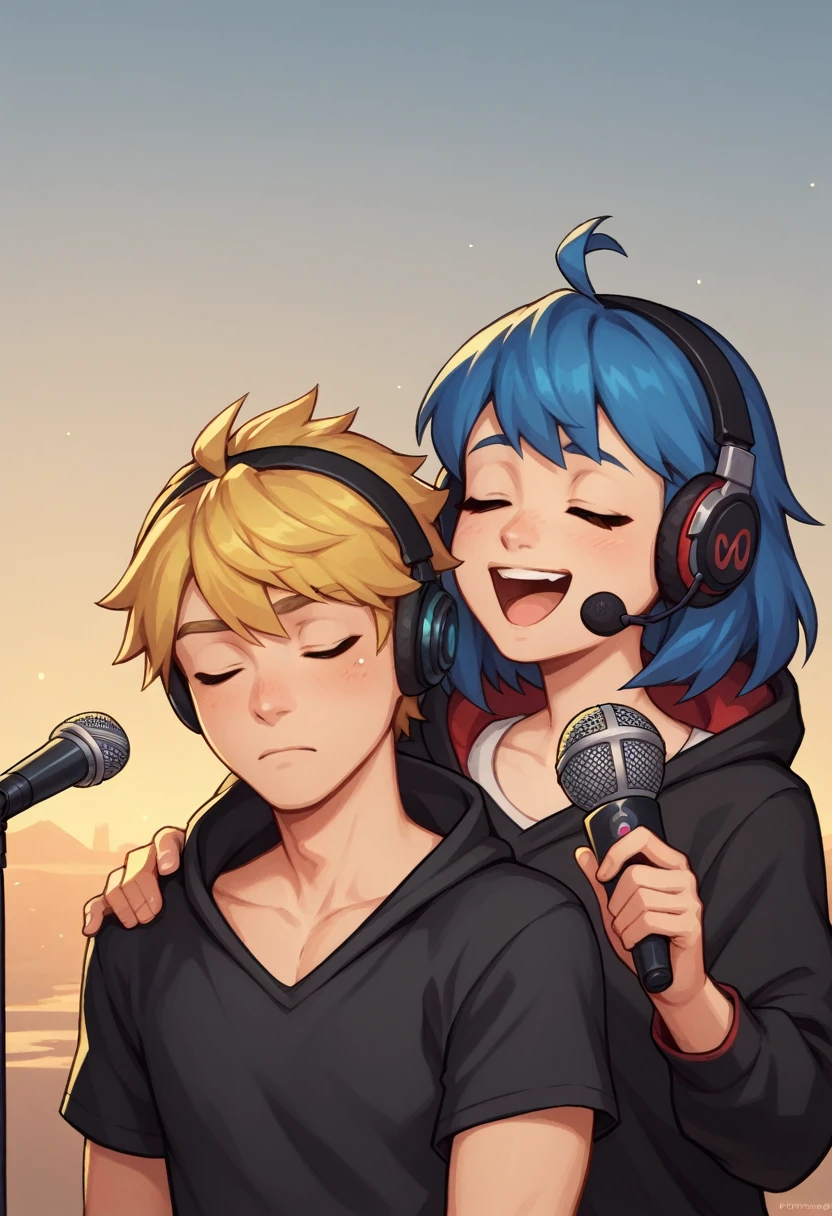 two characters,  The character on the left has blue hair, He is wearing headphones with a microphone and appears to be relaxed with his eyes closed.. His clothing includes a light-colored T-shirt with a symbol on the chest.. The character on the right has blonde hair with a black headband, also with eyes closed, and wears a black hoodie with red details. Both characters seem to be in a comfortable position, as if they were resting or enjoying a quiet moment together. The background has a soft effect, possibly simulating a sunset or a warm and cozy atmosphere.