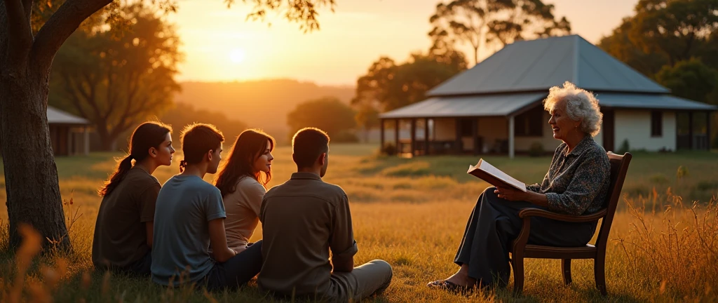 Super realistic image, 8K, elderly lady with silver hair, sitting in a chair under a tree in the corner of a small village, 3 girls and 3 boys all in their 30s sitting on the ground around the elderly lady paying attention to her stories, view of the sun setting behind them dyeing the sky orange and gold, village with several houses among hills, fields and trees, narrow streets, old houses in the Australian style.