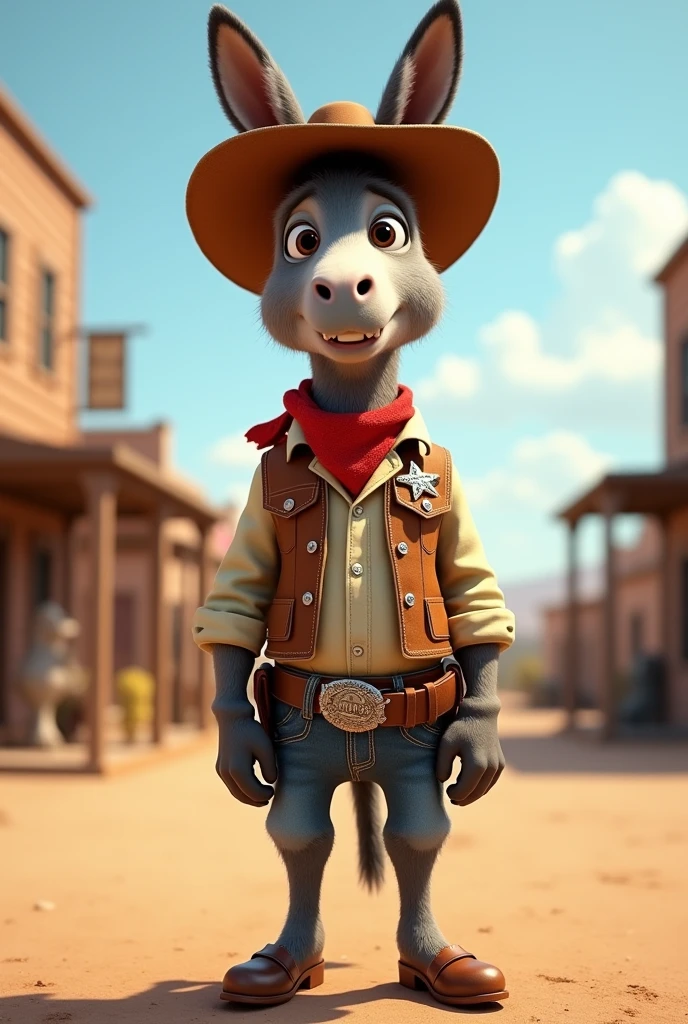 give me a picture of a cowboy donkey with a hat, sheriff's clothes and a red scarf and standing on 2 legs