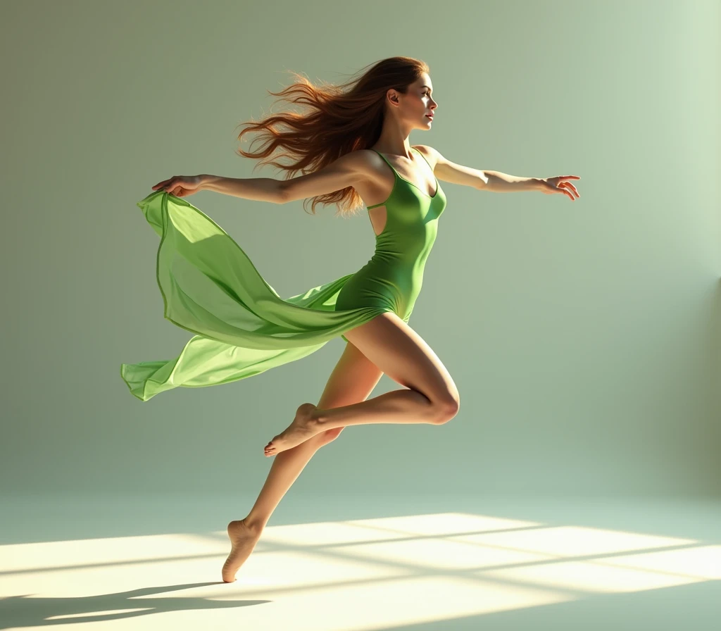 beautiful woman who is 1.55m brown hair dancing classical dance with a green leotard