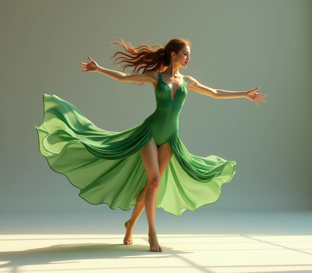 beautiful woman who is 1.55m brown hair dancing classical dance with a green leotard