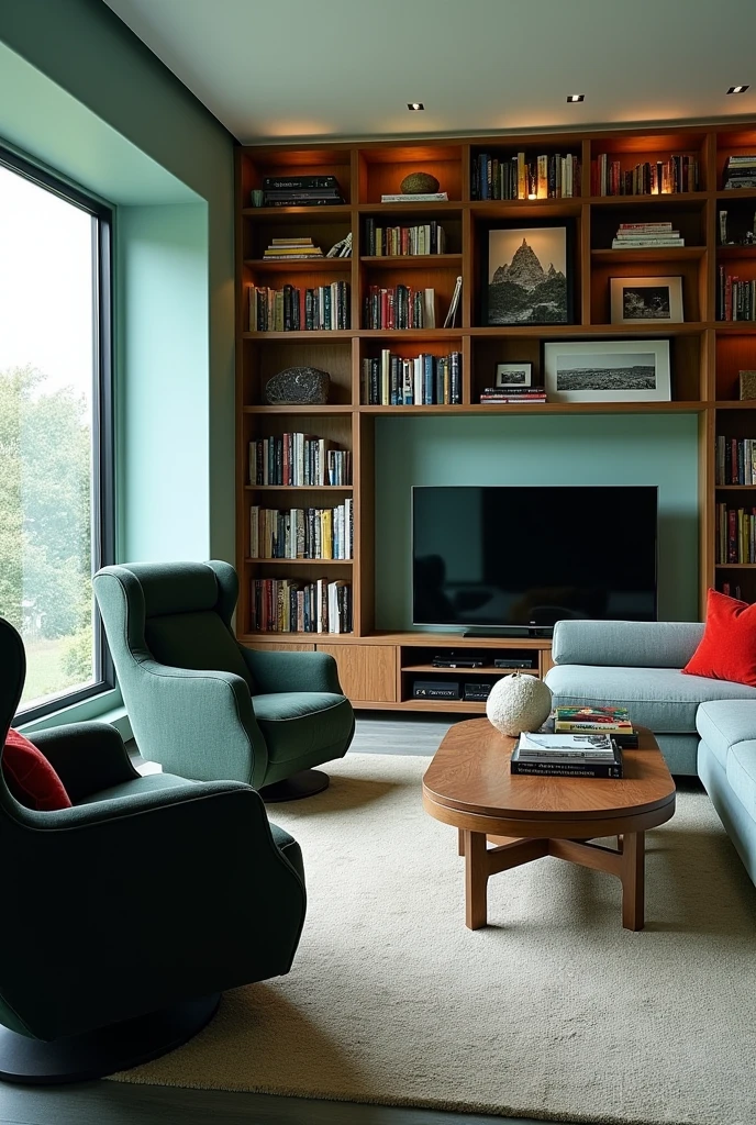 a spacious living room with aqua blue walls, with modern and comfortable black armchairs with red and green colors and also a reclining sofa for visitors. I would also have a large bookstore where they are, In addition to books, some photos and a TV stand that would be an 80” TV.