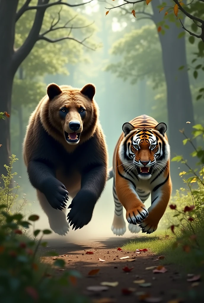 The bear is running scaredly and the tiger is following him