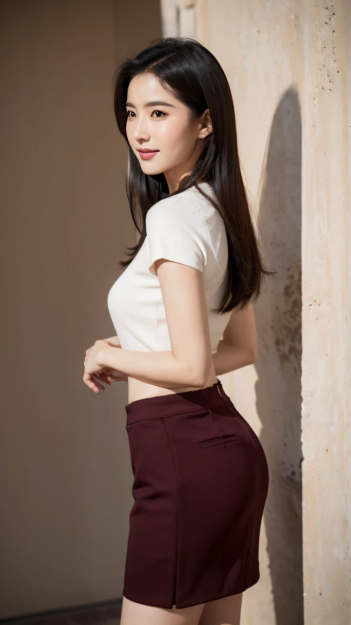 Burgundy hip-hugging slim skirt:1.2，Front view，Natural Lighting，High resolution skin:1.3，Realistic skin texture，2 woman，Perfect face，Put on light makeup，Perfect body，Happy expression，Hairstyle，Black hair，bust，Home background。