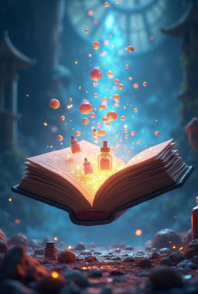 Create an animated book of medicines and around it something that impacts Add a prism aura And let medicines come out of the pages 