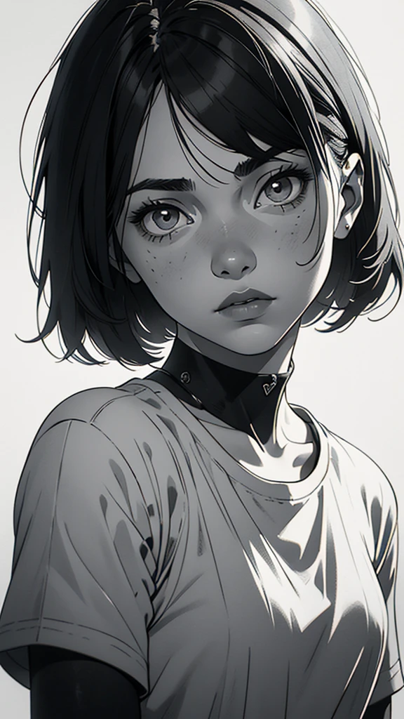 1 boyish girl, solo, sharp eyes, monochrome, greyscale, short black hair, portrait, white T-shirt, Thin eyebrows, closed mouth, looking at viewer, graphite \(medium\), detailed lips, hatching \(texture\), without makeup, bangs, upper body, (best illustration), (best quality), (very detailed), (masterpiece), expressionless,