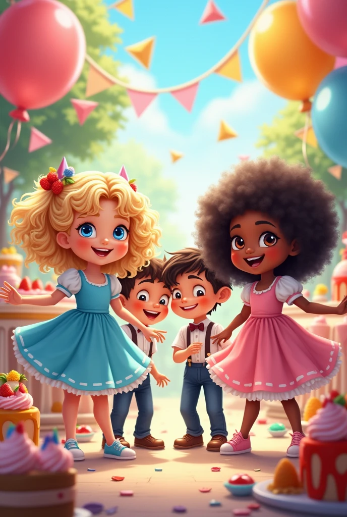 A party for children, two girls, one white with blonde hair and blue eyes, the other black with curly black hair, both wearing puffy dresses in blue and pink, and two boys, one white with curly black hair and the other with black skin color and straight brown hair, with a formal blouse, pants and suspenders, men's old clothes. Various sweets and various balloons, fruta, cakes and toys in the scene that they show joy and happiness all four children looking forward