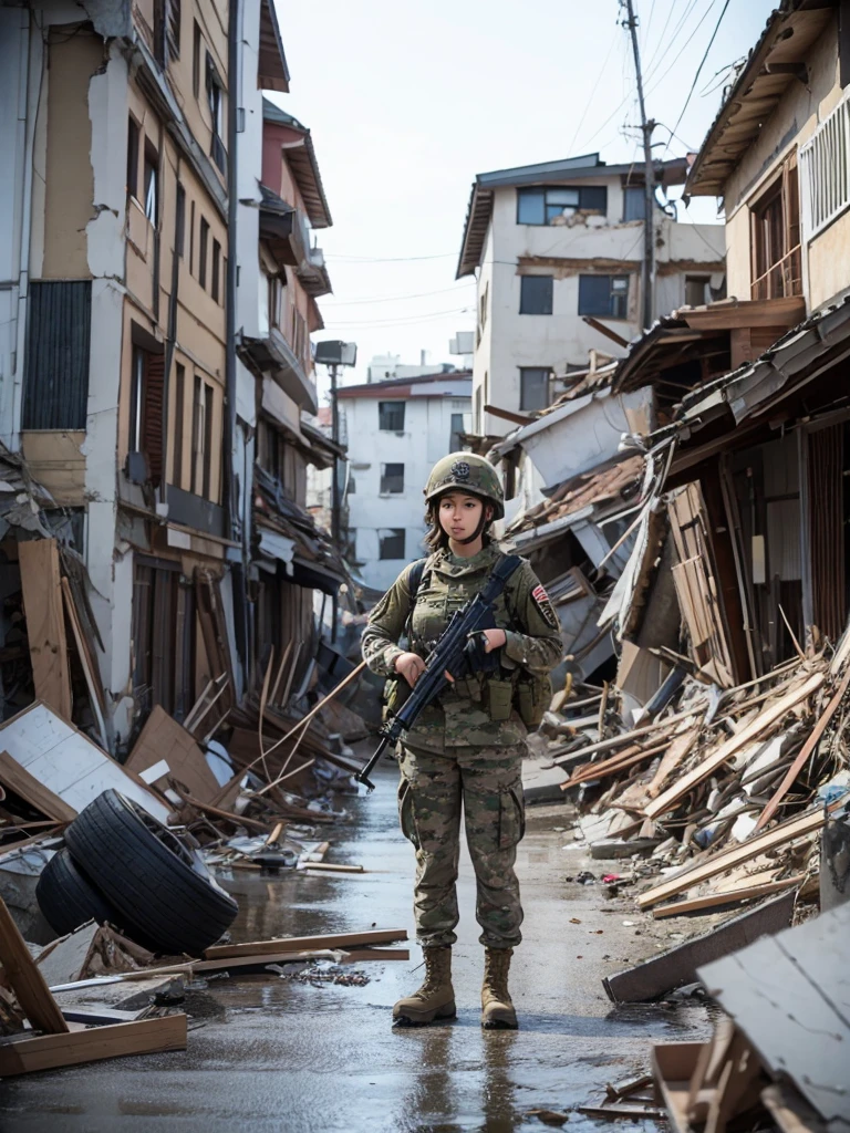 A female soldier stands in a city completely destroyed by the earthquake,Heavy breathing,