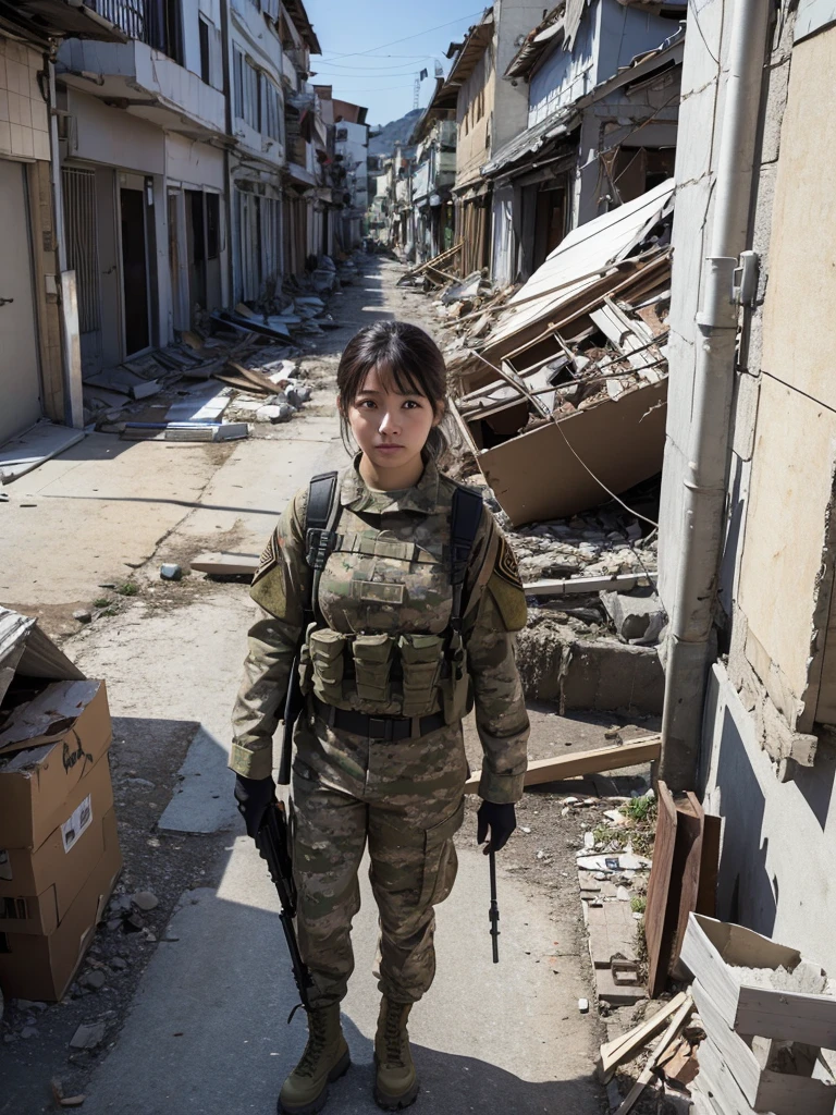 A female soldier stands in a city completely destroyed by the earthquake,Heavy breathing,