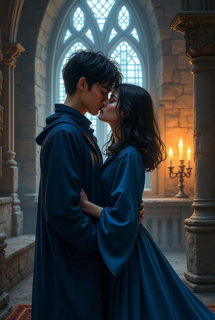 A short black-haired wizard and a short black-haired witch from Ravenclaw house kissing
