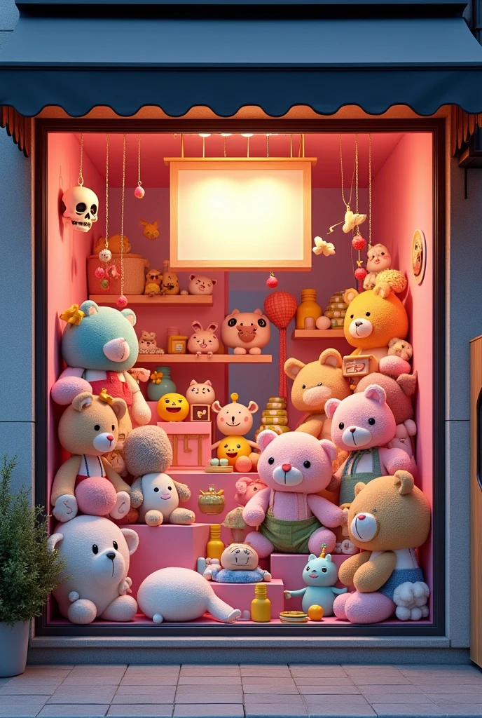 Toy store window display in South Korea, blank sign with pink lights, stuffed animals dolls bears kites toy cats gonggi ddakji , wide windows hyper realistic pastel-colored walls, horse of coins outside, arcade video game outside, a sign with a skull stuck to the window, slats hanging from the ceiling, Black awnings with Korean aesthetics