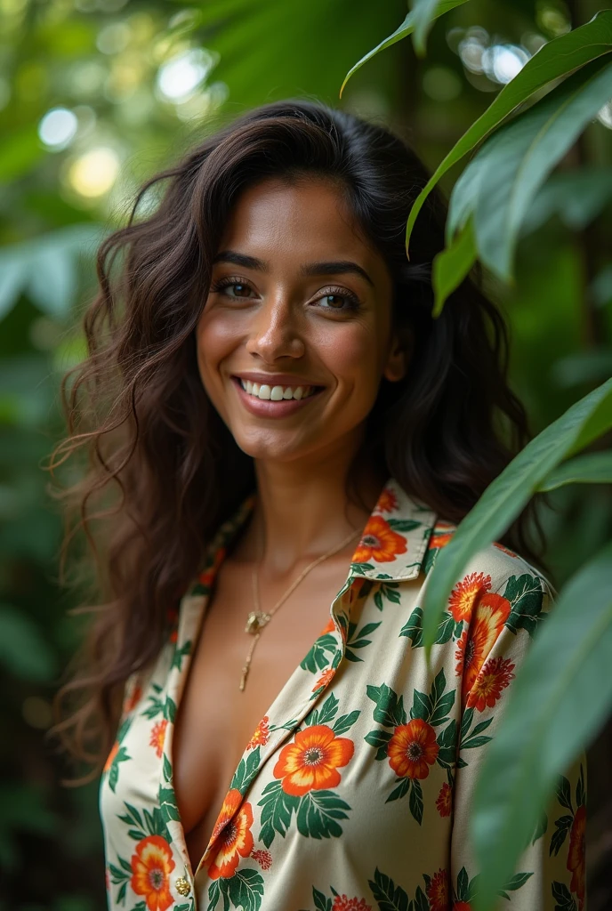 A Brazilian woman in a lush tropical garden, wearing an open shirt with a floral print, with a close-up capturing the harmonious beauty between her breasts and the natural flowers, showing off your natural charm and outgoing personality.