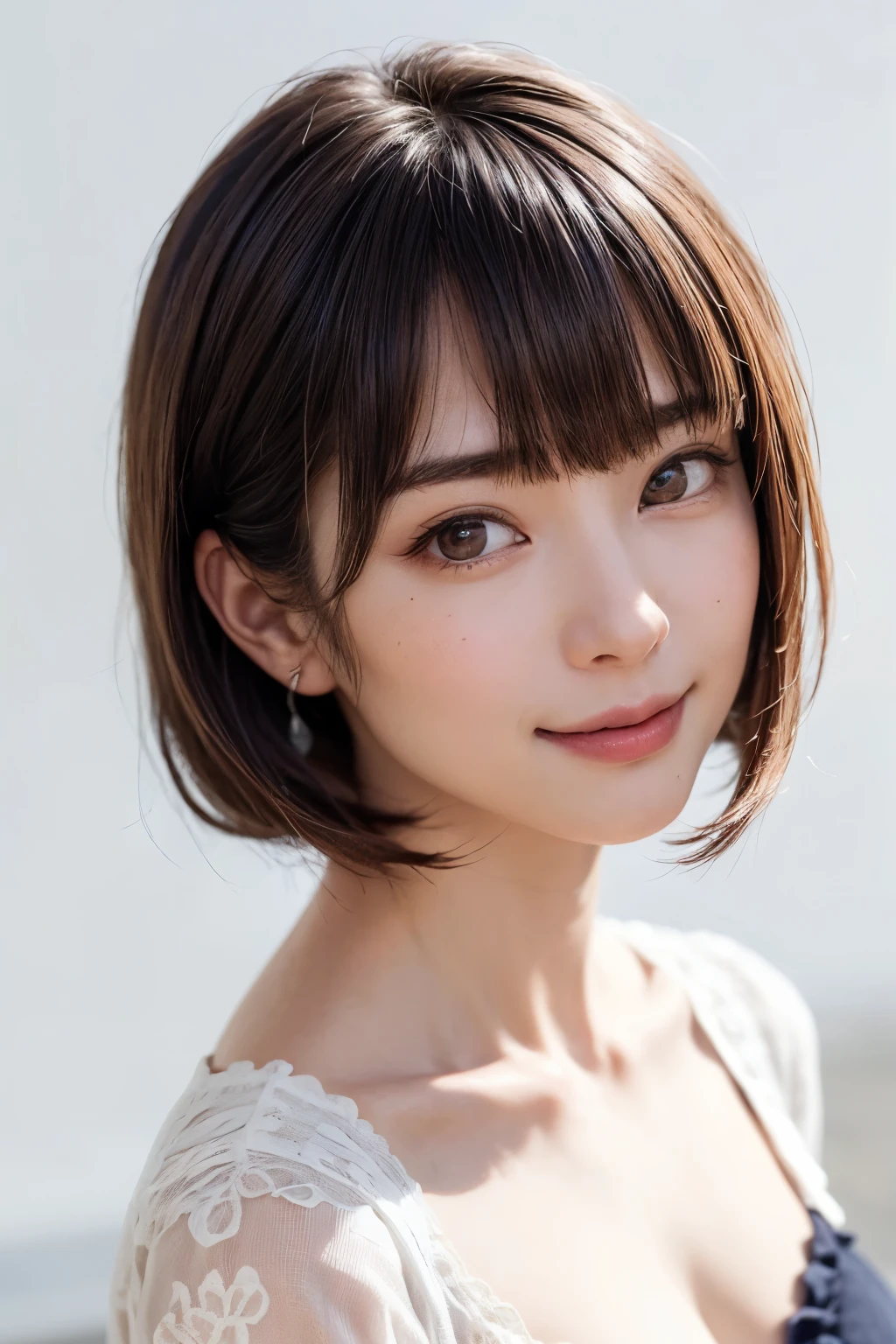 (software:1.8、masterpiece, Highest quality),1 person, alone, hyper Realistic, Realistic,Realistic, Looking at the audience, Light brown eyes:1.4,Brunette Short Bob Hair with highly detailed shiny hair, Brightly colored winter clothes, Lepangas:1.4), Outdoor, Mouth closed, Upper Body、big chest eye、eyelash、{Hugeな|big chest|Hugeなな|Mega} whole :2, chestの谷間:2、(((big chest eye、Short Bob Hair、Highlights from Students、Looking at the audience、She is very beautiful and cute、Show me your ears、Long neck、smile、Close your mouth and smile、Bangs and beautiful teeth)))、Ideal body type、(Nothing is drawn、A very beautiful pure white background:1.6)、美しいLong neck:1.4、(({Huge|big|Hugeな|Mega} chest, chestの谷間:2、Upper Bodyは服を着ていない:1.6))、(((Portraiture:2)))、Perfect Anatomy