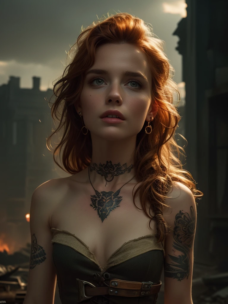 very detailed, 16K high resolution, incredibly detailed image, cinematic, best quality, masterpiece, realistic, detailed face, detailed background, dramatic lighting, A girl, 2, she is alone, beautiful, natural ginger hair, straggly and messy wavy hair. Extremely detailed facial expressions with sharp and piercing green eyes. A delicate, slightly cheeky face, subtly made up. ((She is tattooed and pierced, large tubes in her ears.)), She has (very small breasts) and a slim figure, in good shape. Dark lighting conditions, the world is destroyed after a war (end-time mood like in Mad Max). She is in an old destroyed city. Flames and clouds of smoke in the background. Her outfit is similar to the outfit of Vii, from the series Arcane. She has a belt around her waist.
