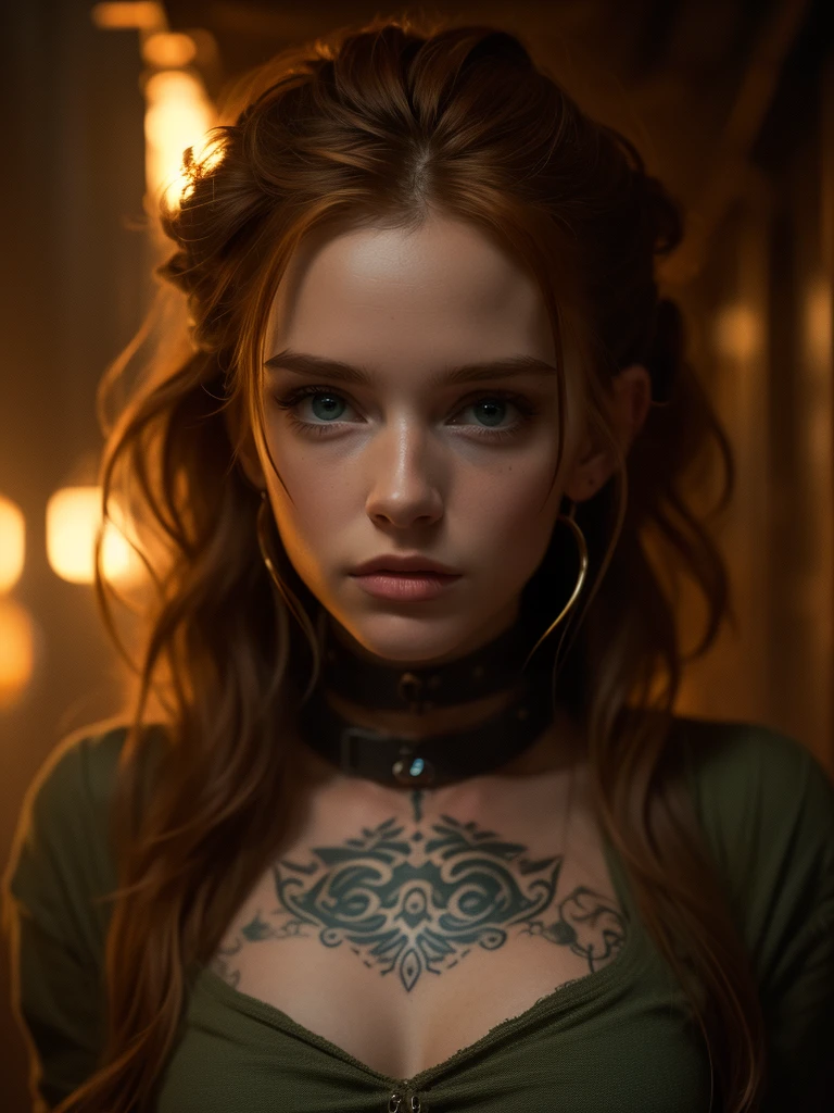 very detailed, 16K high resolution, incredibly detailed image, cinematic, best quality, masterpiece, realistic, detailed face, detailed background, dramatic lighting, A girl, 2, she is alone, beautiful, natural ginger hair, straggly and messy wavy hair. Extremely detailed facial expressions with sharp and piercing green eyes. A delicate, slightly cheeky face, subtly made up. ((She is tattooed and pierced, large tubes in her ears.)), She has (very small breasts) and a slim figure, in good shape. Dark lighting conditions, the world is destroyed after a war (end-time mood like in Mad Max). She is in an old destroyed city. Flames and clouds of smoke in the background.  Her outfit is similar to the outfit of Vii, from the series Arcane. She has a belt around her waist.