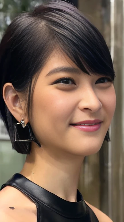 最high quality, 8k, Vibrant, Sharp focus, high quality, High resolution, Middle-aged women, Mature Woman, 5, (Whole Body Ezbian), (High heels face detail, Highly detailed eyes, ((big 1.6))、((Black leather clothing))、Random Hairstyles、Bright smile、Bob Shortcut Hair、(Front upper body)、