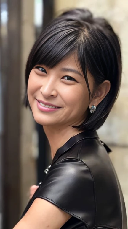最high quality, 8k, Vibrant, Sharp focus, high quality, High resolution, Middle-aged women, Mature Woman, 5, (Whole Body Ezbian), (High heels face detail, Highly detailed eyes, ((big 1.6))、((Black leather clothing))、Random Hairstyles、Bright smile、Bob Shortcut Hair、(Front upper body)、