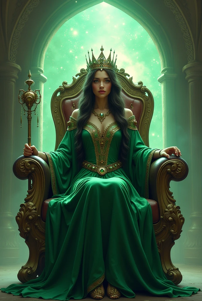 a woman dressed as a sorceress, long emerald green robe. with a setro in her hand, with her crown on her head, perched on a beautiful throne, behind her she has a portal open to another dimension.