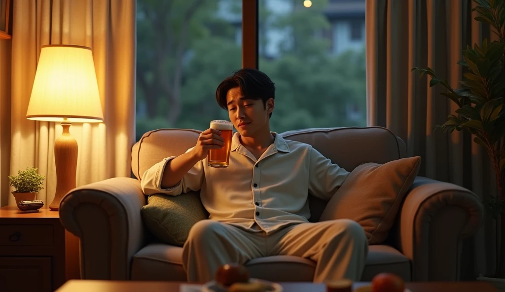 A Japanese salaryman relaxing with a drink in his living room after returning home from work. The scene is realistic, capturing a tired yet relaxed expression after a long day. The salaryman, having changed out of his suit into loungewear, is seated on the living room sofa, enjoying a beer and snacks. The background shows a cozy space lit by warm lighting, reflecting the peaceful mood of a quiet evening at home
