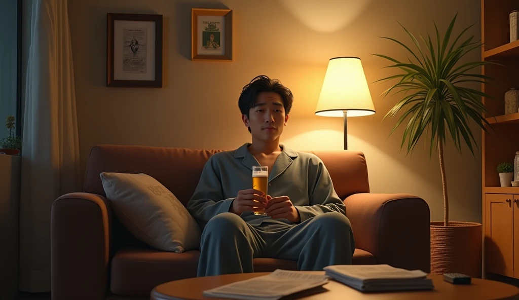 A Japanese salaryman relaxing with a drink in his living room after returning home from work. The scene is realistic, capturing a tired yet relaxed expression after a long day. The salaryman, having changed out of his suit into loungewear, is seated on the living room sofa, enjoying a beer and snacks. The background shows a cozy space lit by warm lighting, reflecting the peaceful mood of a quiet evening at home