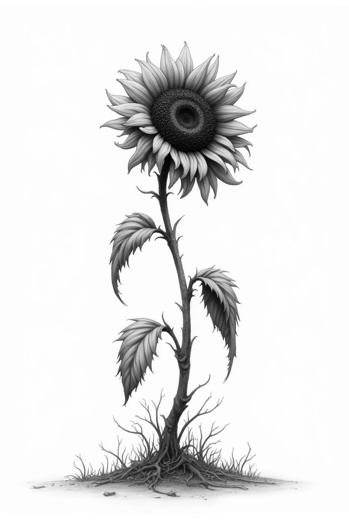 Generate me an image of a withered and deteriorated sunflower, decayed broken leaves almost nothing in black and white as if it were to be traced
