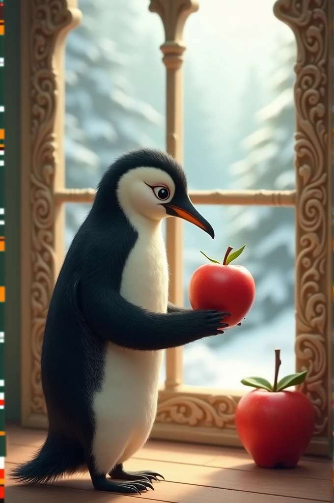 A penguin with an apple and a window