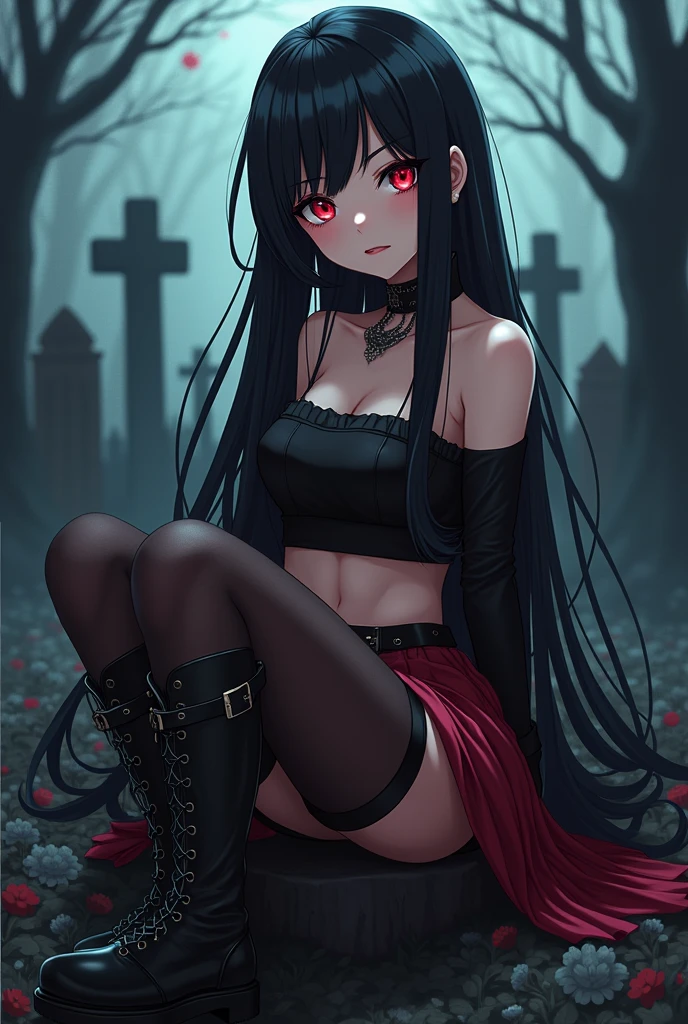 Ekaterina is a 2 woman, has long silky black hair with bangs; her eyes are a bright scarlet tone, and is 167 cm tall. She is wearing a Slipknot crop top, a red pleated skirt, black buccaneer tights, and knee-length platform boots with buckles.
She has a villain charm type of beauty
She is sitting on a gothic graveyard
The picture has to be anime