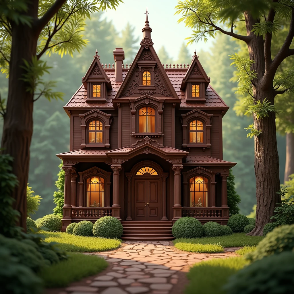 masterpiece, best quality, extremely detailed, hyperrealistic, photorealistic, (royal house), (house made of chocolate), chocolate world, chocolate door, chocolate windows, chocolate roof, at a forest, solar lighting