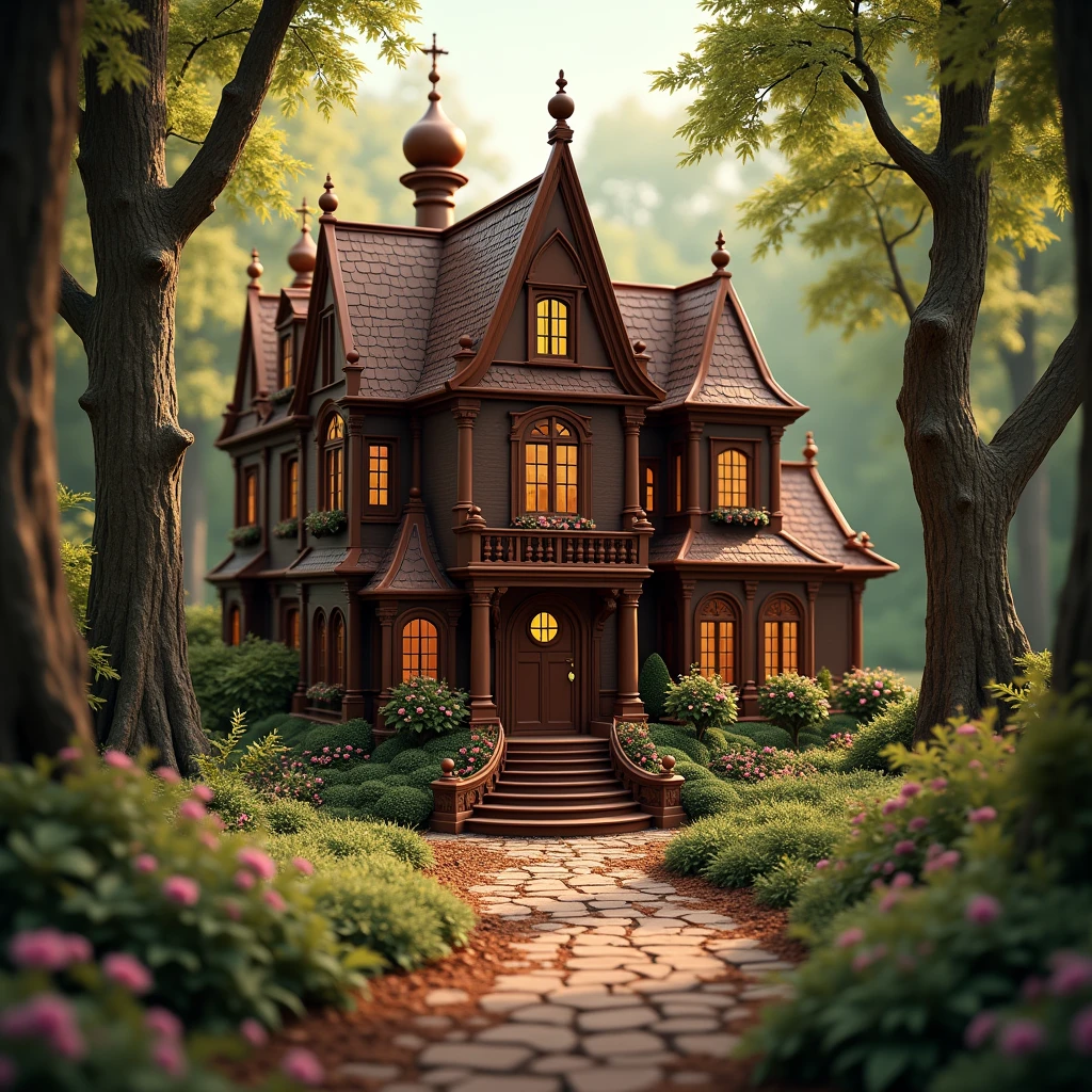 masterpiece, best quality, extremely detailed, hyperrealistic, photorealistic, (royal house), (house made of chocolate), chocolate world, chocolate door, chocolate windows, chocolate roof, at a forest, solar lighting