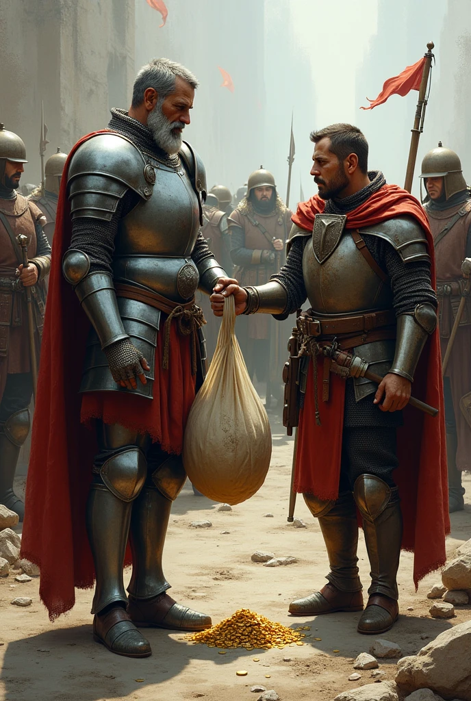 A knight is handing a bag of money to one of his battle troops and there are others gathered there and at his side some horses with boxes and a little gold.