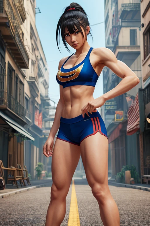 Beautiful woman、Street Fighter、spats、Sports bra、The stance of the strong、Ruined City、Lots of galleries、Masterpiece、Photorealistic、4K resolution、