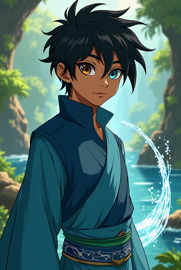 Based on the cartoon Avatar: The Last Airbender, create a waterbending boy who also dominates plants, at the age of , fair brown-skinned, blackquality hair, with one brown eye and one blue eye, with their clothes in blue and turquoise colors