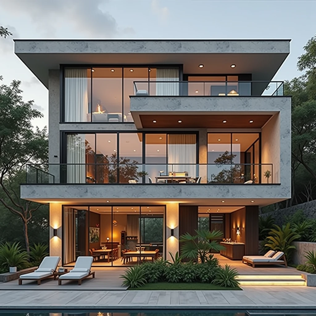 RAW photo,Masterpiece, high quality, best quality, realistic, super detailed, exterior, a modern style villa(Minimalist lines,Architecture: Using minimalist lines and shapes learn clearly. Materials: Combination of glass, concrete, and natural wood. Open space: The living room and kitchen are connected, using large glass doors to take advantage of natural light. Outdoor area: Small swimming pool and green garden with native plants. modern:1.2),(white wall:1.1), glass railings, glass windows, trees, grass , ((sunset)), sky, vivid colors, (high detail :1.2), 8k uhd, dslr, soft light, high quality, film grain, Fujifilm XT3Negative