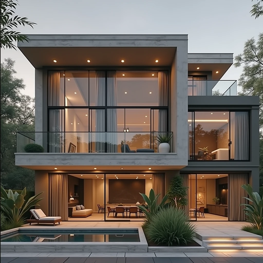 RAW photo,Masterpiece, high quality, best quality, realistic, super detailed, exterior, a modern style villa(Minimalist lines,Architecture: Using minimalist lines and shapes learn clearly. Materials: Combination of glass, concrete, and natural wood. Open space: The living room and kitchen are connected, using large glass doors to take advantage of natural light. Outdoor area: Small swimming pool and green garden with native plants. modern:1.2),(white wall:1.1), glass railings, glass windows, trees, grass , ((sunset)), sky, vivid colors, (high detail :1.2), 8k uhd, dslr, soft light, high quality, film grain, Fujifilm XT3Negative
