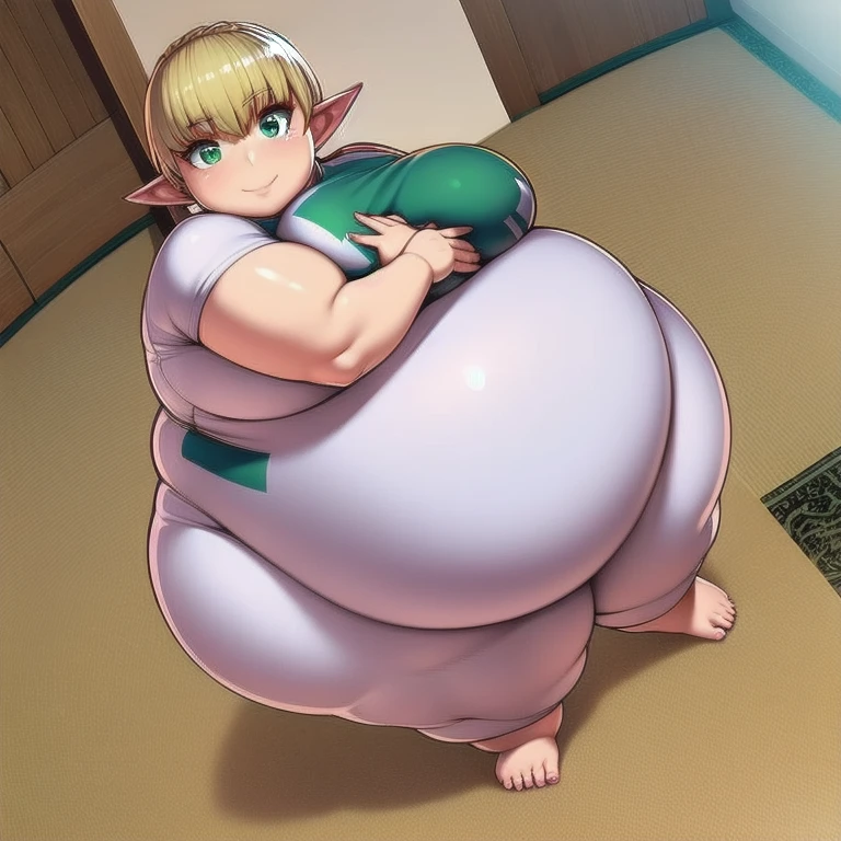 4K, high quality, 1 solo girl, detailed big eyes, obese erufuda, short hair, pointy ears, blonde hair, (green eyes:1.5), perfect body, white shirt, green pants, barefoot, braid, big butt, big breasts, cute, thick thighs, smile, boy hug the belly