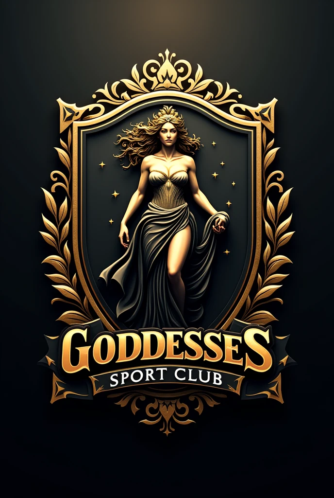 Create a Soccer Team Shield with a Goddess and Text at the Bottom: (Goddesses Sport Club) In Gold and Black
