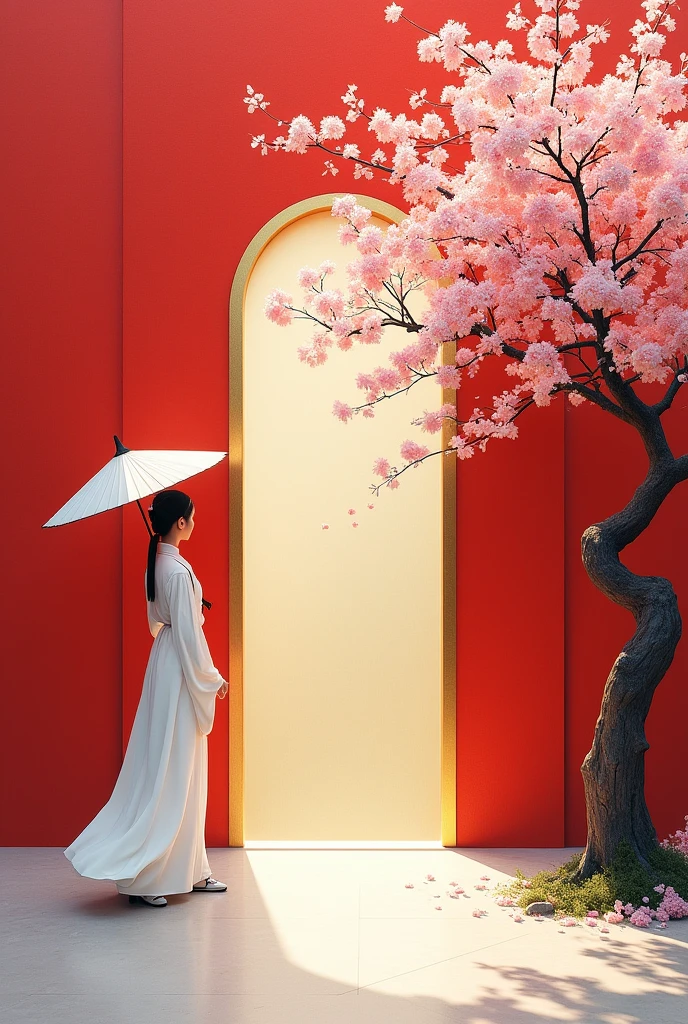 Rock color board painting，3D Secret Realm，Highly saturated color，Red wall，gold，White background，一棵plum bossom树，plum bossom，A woman in ancient costume holding an umbrella passes by the door，Wearing a long white dress，Minimalism，Minimalist composition，HD，level，White Space，大面积White Space，Oriental Aesthetics 
