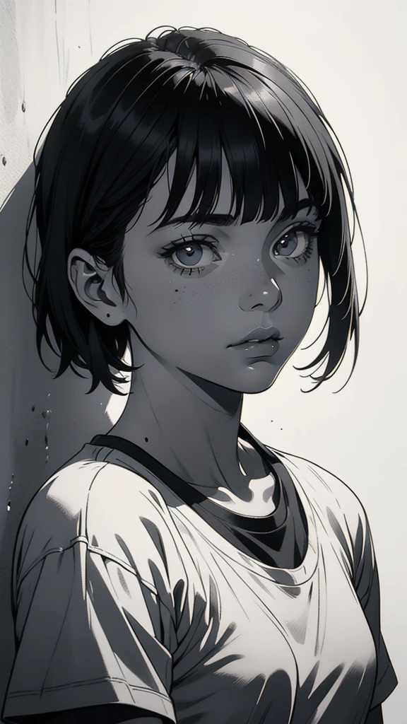 1 boyish girl, solo, sharp eyes, monochrome, greyscale, short black hair, portrait, white T-shirt, Thin eyebrows, closed mouth, looking at viewer, graphite \(medium\), detailed lips, hatching \(texture\), without makeup, bangs, upper body, (best illustration), (best quality), (very detailed), (masterpiece), expressionless,
