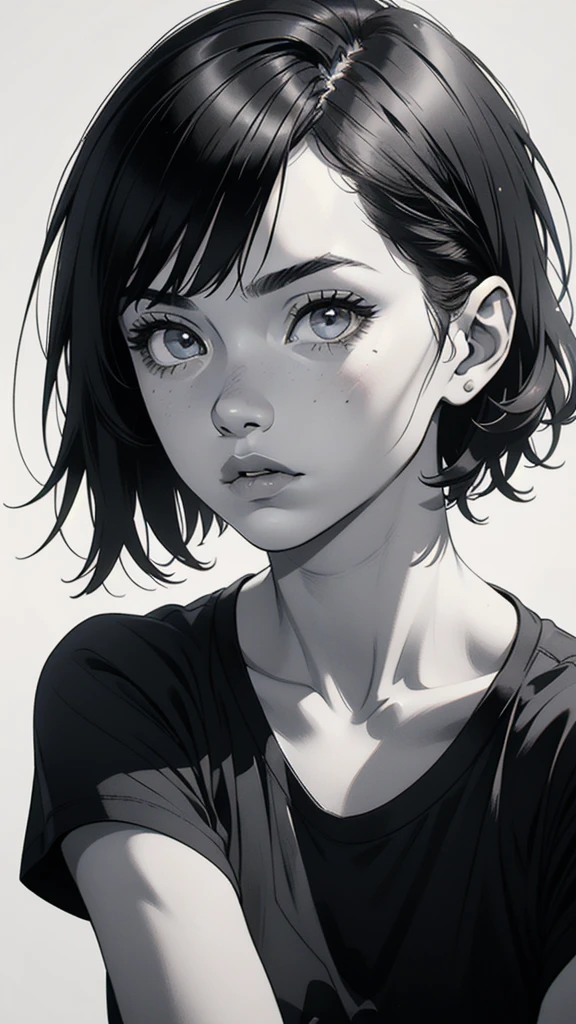 1 boyish girl, solo, sharp eyes, monochrome, greyscale, short black hair, portrait, white T-shirt, Thin eyebrows, closed mouth, looking at viewer, graphite \(medium\), detailed lips, hatching \(texture\), without makeup, bangs, upper body, (best illustration), (best quality), (very detailed), (masterpiece), expressionless,