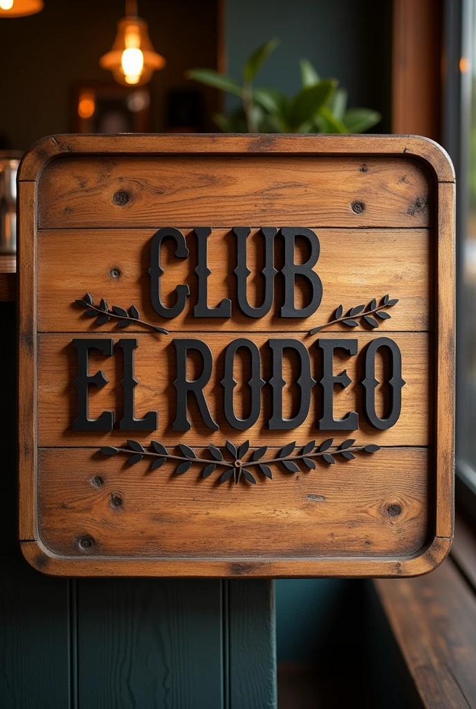 A wooden logo that says Club El Rodeo that is modern and creative with the color of the wood for a bar with a beer keg next to it