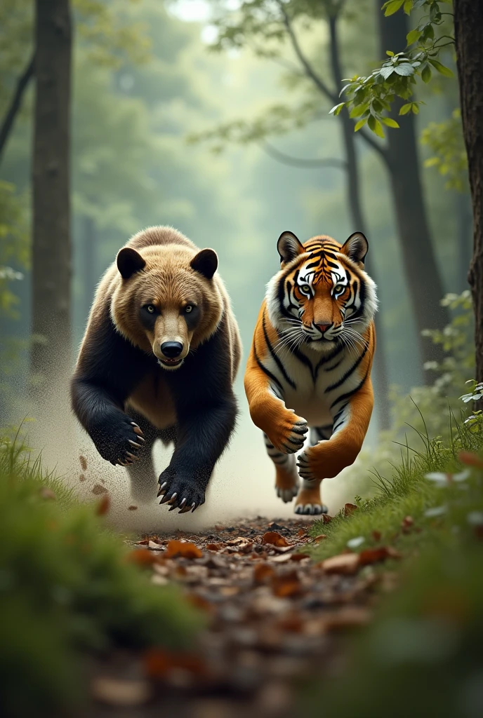 The bear is running scaredly and the tiger is following him distance 20 miters