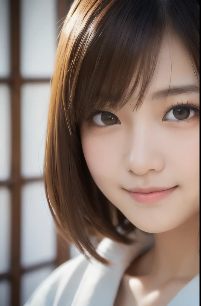 best quality, face focus, soft light, ultra high res, (photorealistic:1.4), RAW photo, (fair skin), (kawaii),
1 Japanese girl, solo, cute, smile, (pupil, lights in the eyes), detailed beautiful face, Medium-sized breasts,(high resolution detail of human skin texture),(portrait), upper body, white traditional kimono