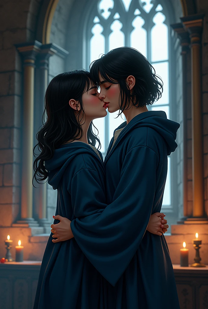 A short black-haired wizard and a short black-haired witch from Ravenclaw house kissing
