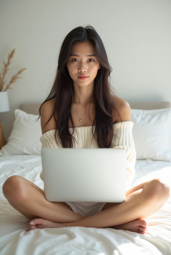 candid shot , looking at viewer, Girl , with long dark straight hair, wearing white clevage off shoulder sweater ,short jean pant,using laptop which is on the bed,legs cross, on a bed in a sunlit bedroom , studio light filters , creates a clean, minimalist look, relaxing, happy , sunlight , white skirt,