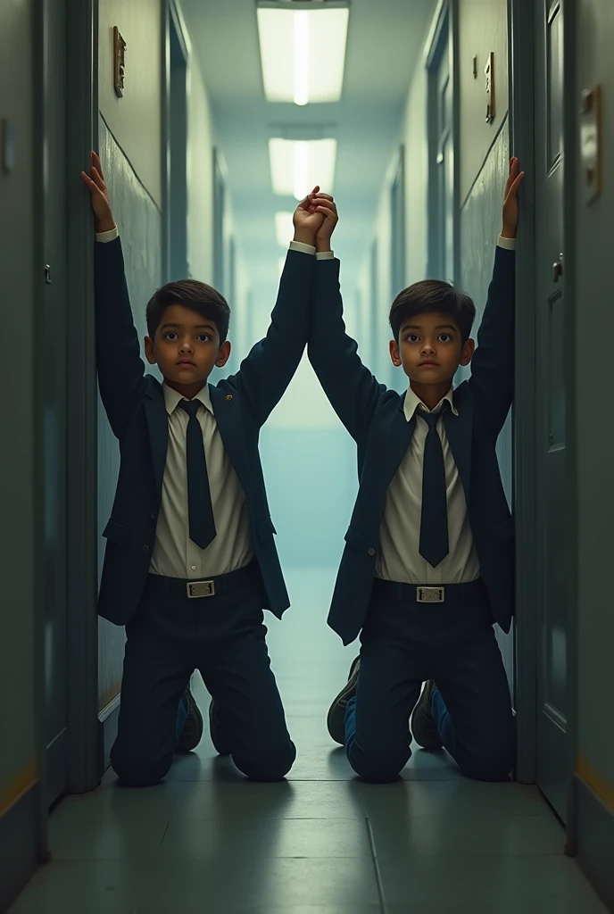 Two 1 indian boys wearing shirt long sleeve with school tie and trousers and belt and coat kneeling in the corridor leaning against the wall with their hands raised straight high up above their heads 