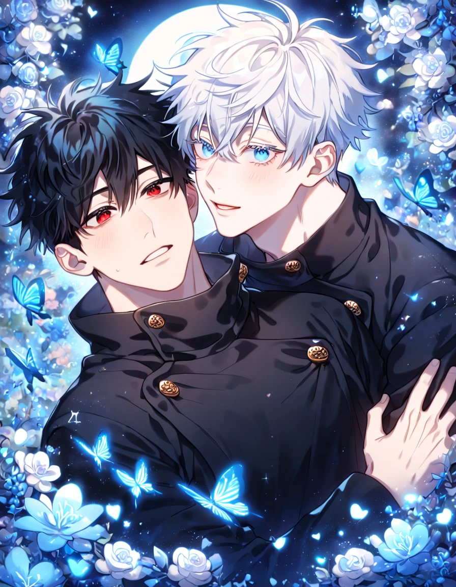 absurdres, highres, ultra detailed, HDR) master piece, best quality, extremely detailed, detailed eyes, detailed face, delicated features, Kang Woojin, black hair, messy hair, expressive red eyes, Love Jinx, Gojou Satoru, white hair, expressive blue eyes, white eyelashes, two sexy men hugging, yaoi, gay couple, in love, handsome, jujutsu Kaisen uniform, black uniform, high collar, fantasy, magical, glittering, water, blue flames, blue moon, blue flowers, blue butterflies, garden, Jujutsu Kaisen