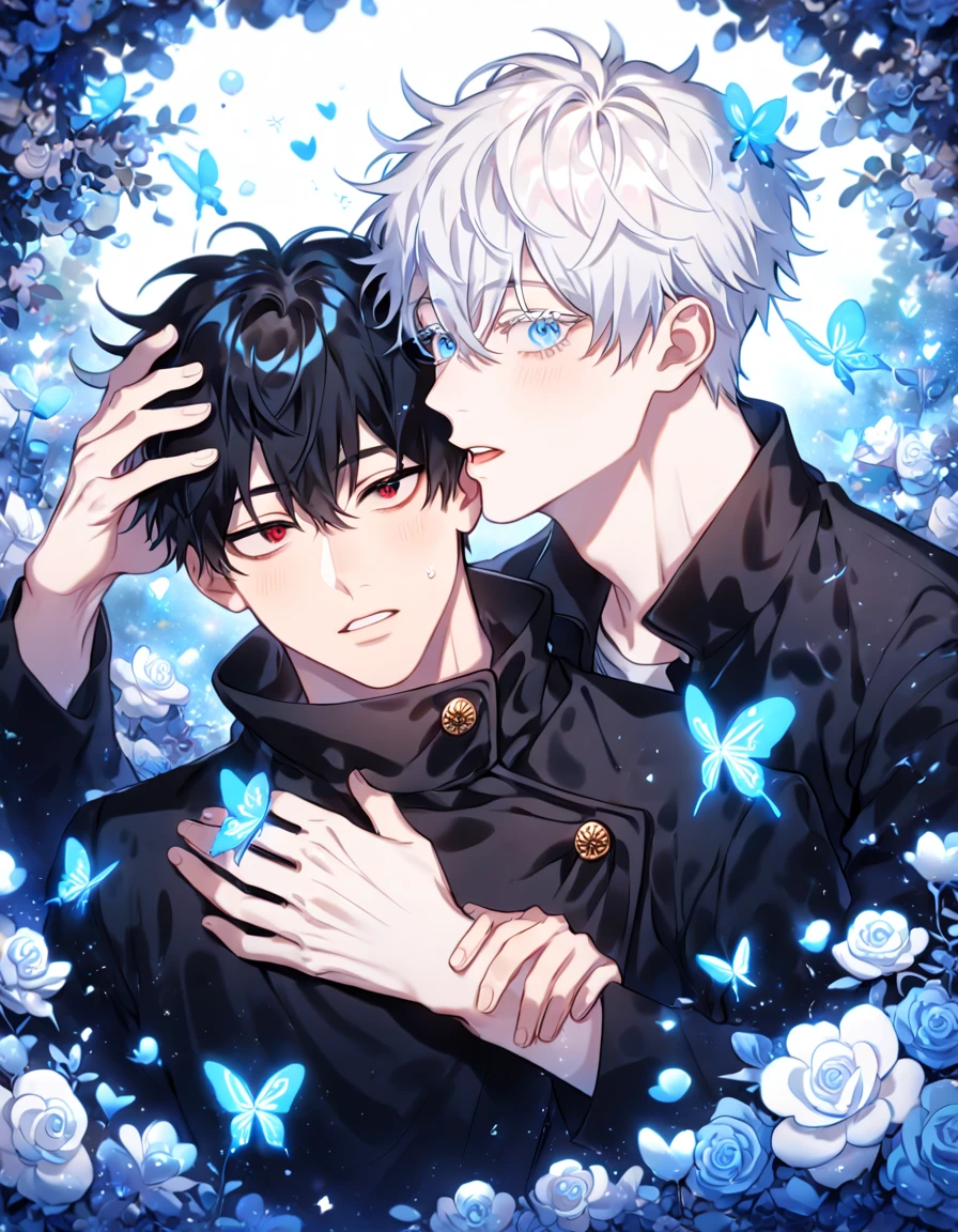 absurdres, highres, ultra detailed, HDR) master piece, best quality, extremely detailed, detailed eyes, detailed face, delicated features, Kang Woojin, black hair, messy hair, expressive red eyes, Love Jinx, Gojou Satoru, white hair, expressive blue eyes, white eyelashes, two sexy men hugging, yaoi, gay couple, in love, handsome, jujutsu Kaisen uniform, black uniform, high collar, fantasy, magical, glittering, water, blue flames, blue moon, blue flowers, blue butterflies, garden, Jujutsu Kaisen