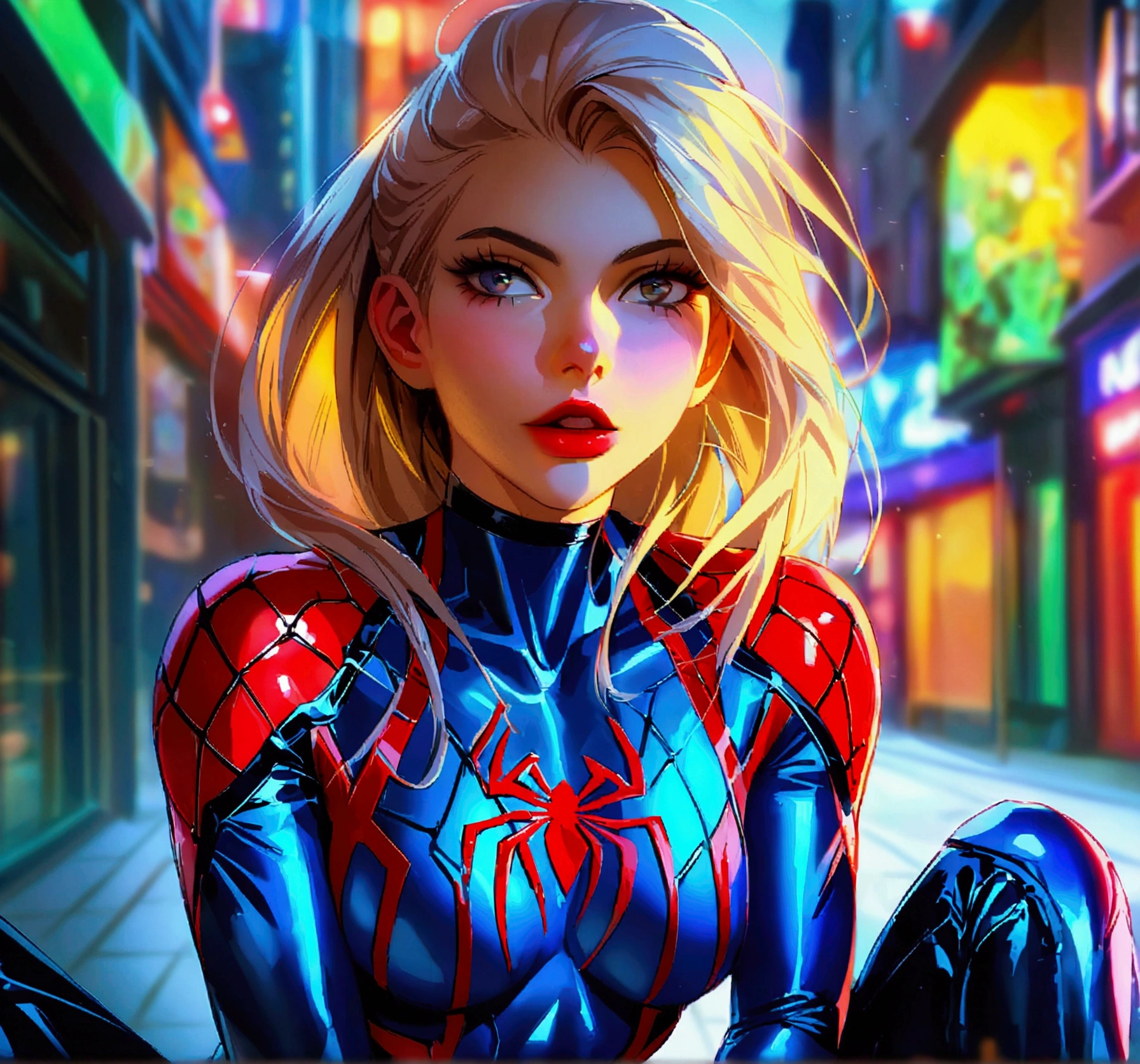 a beautiful woman with long blonde hair wearing a tight latex bodysuit, a sadistic expression on her face, and an enormous futanari penis between her legs, masterpiece, highly detailed, photorealistic, 8k, sharp focus, vibrant colors, dramatic lighting, cinematic composition, surreal and erotic atmosphere, Gwen Stacy from spider man miles morales.