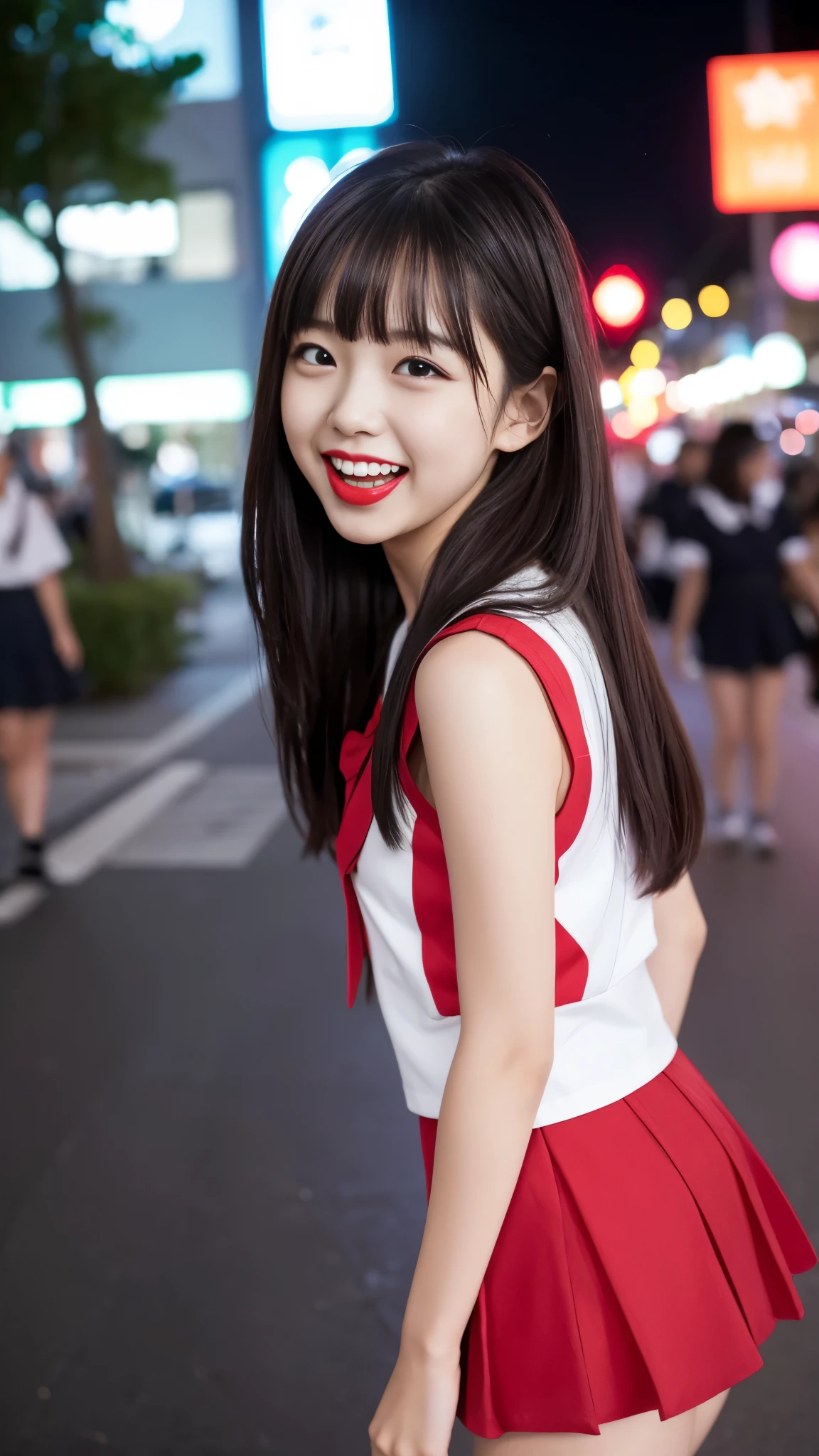 8k, masterpiece, Japanese,の girl, Primary school studentss、facing front, innocente eyes, childlike body, The bust does not expand、The bust does not expand、The bust does not expand、Young body、Young body、Very slim body、Child body type、Slim body、Sleeveless clothing, short skirt, Semi-long hair, night, Entertainment district background、Heavy makeup、Dark eyeshadow、Bright red lipstick、Obscene laughter、Laughing with tongue out