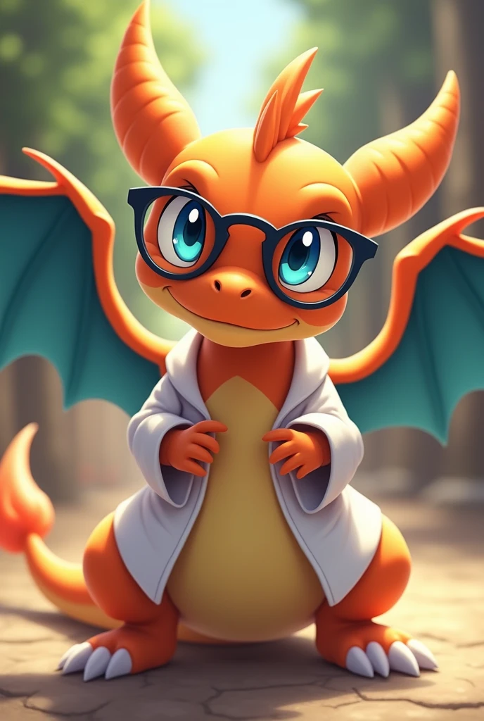 baby charizard with wings, blue eyes, dexter's glasses and robe (dexter's laboratory)